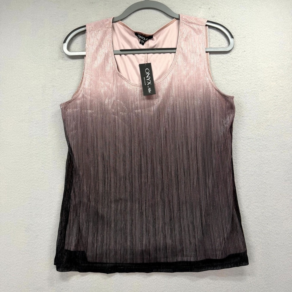 Onyx Nite Plisse Tank Top Women Large Pink Black Lined Ombre Metallic Round Neck
